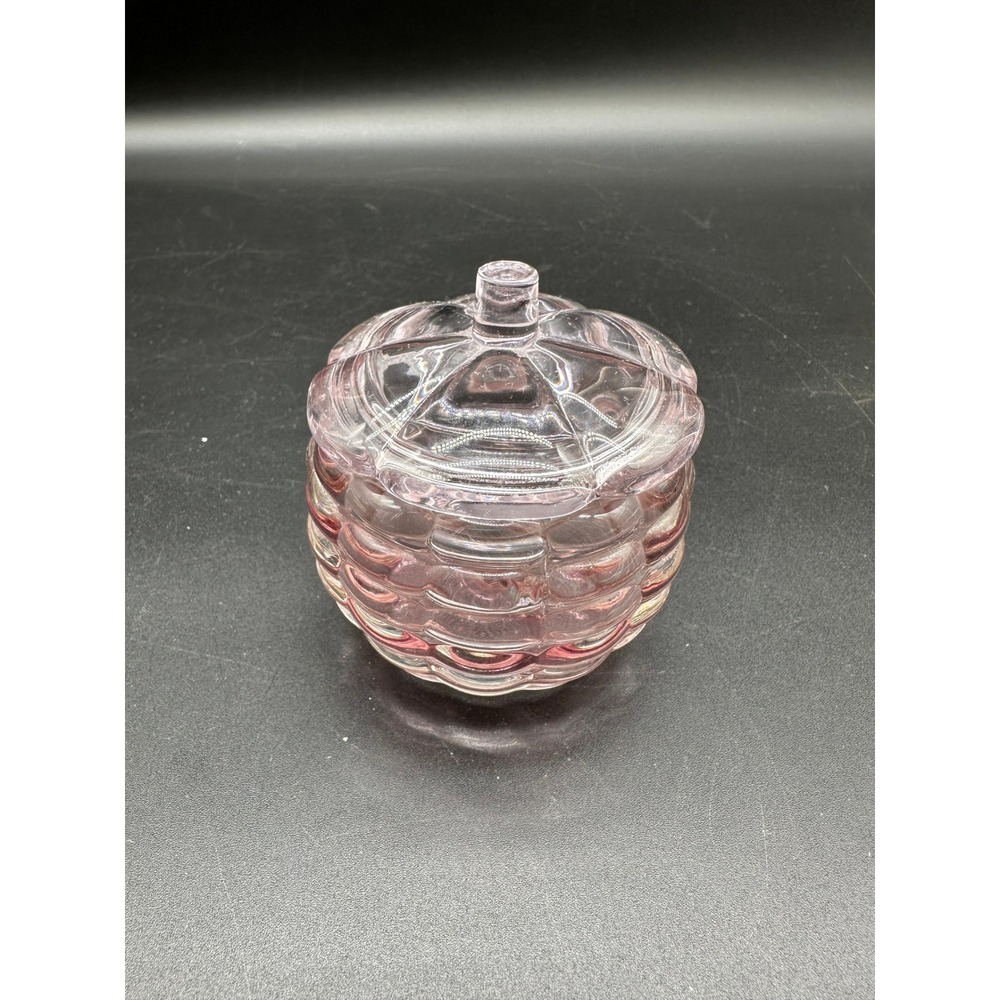 Pink Glass Ribbed Trinket Dish With Lid Round Decorative Candy Jar Vanity Box